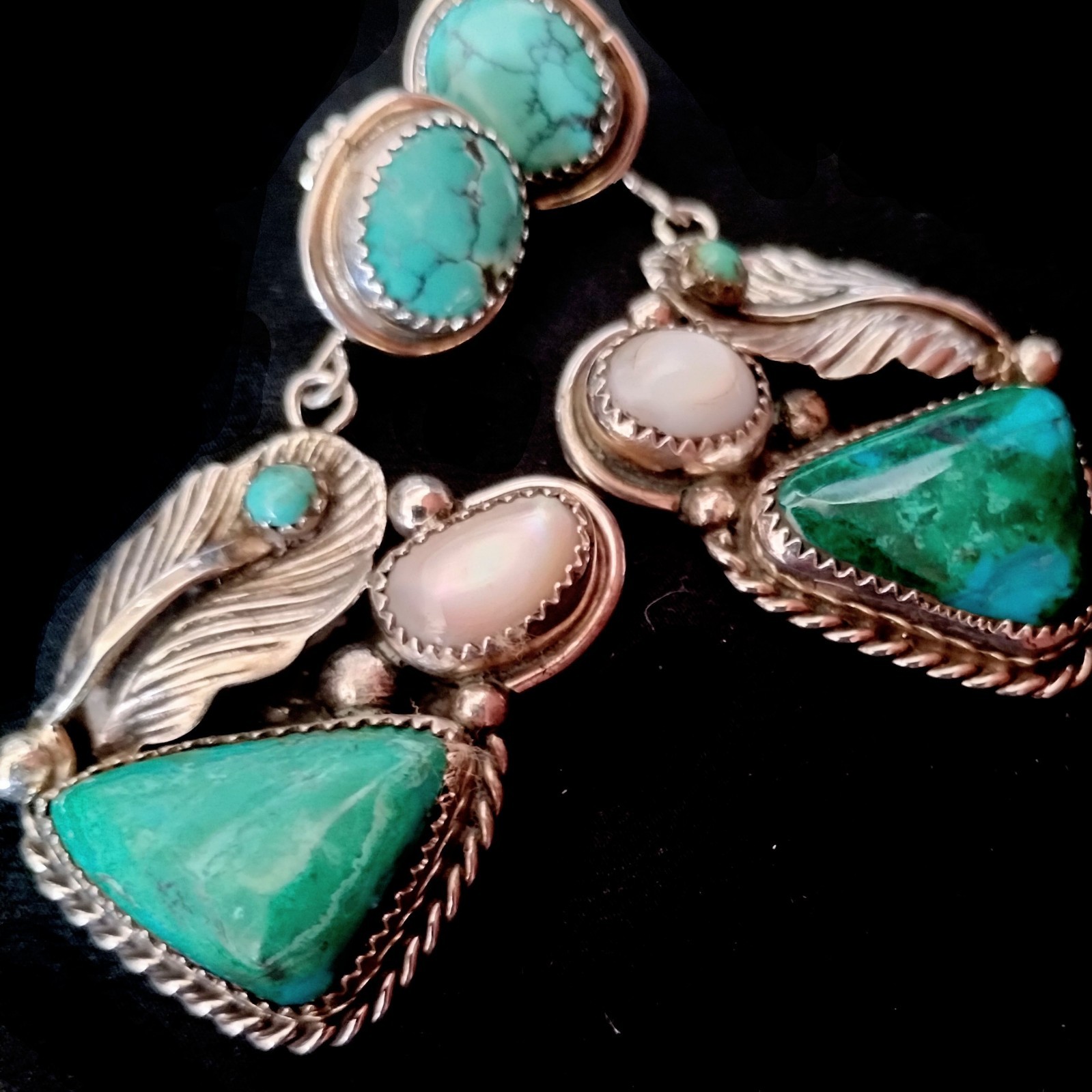 NAVAJO TURQUOISE DANGLING EARRINGS 2.5″ Long /Sumptuous Rich Unique/Touch Of MOP