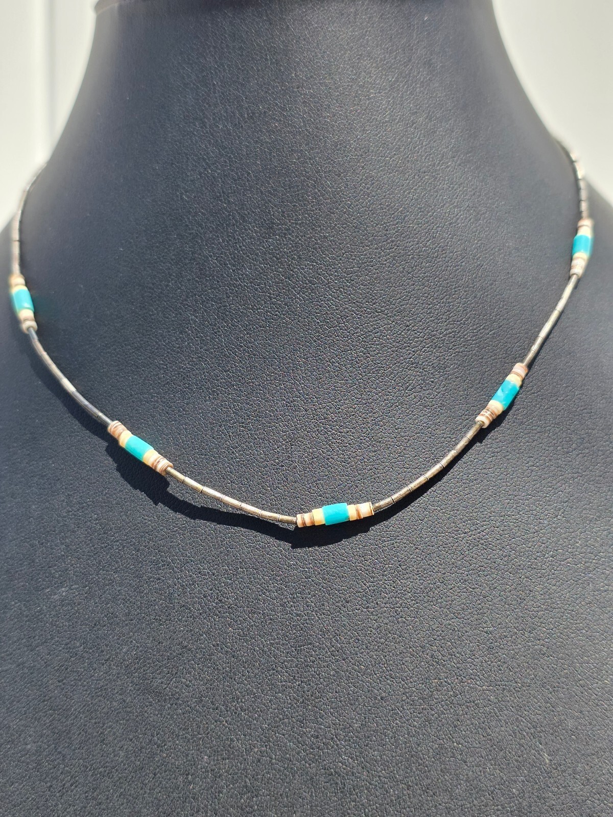 Vintage Native American Southwest Liquid Silver Turquoise Heishi Choker Necklace