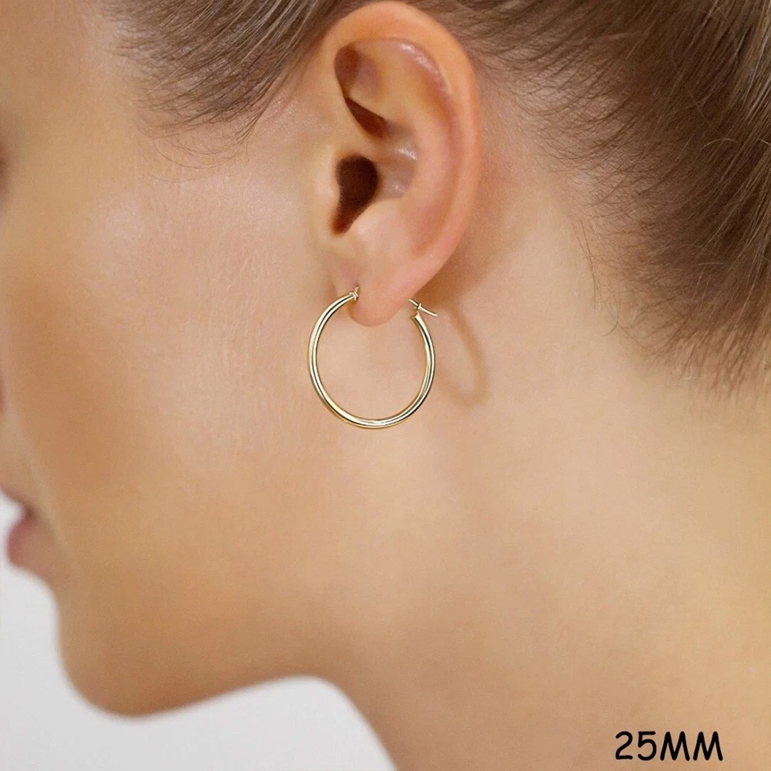 25mm 14K Real Solid Yellow Gold Shiny Polished Round Creole Hoop Earrings Gift