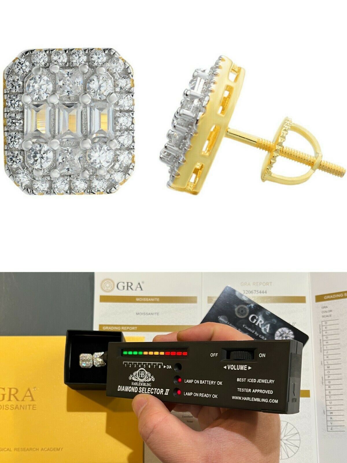 Moissanite Iced 14k Gold Plated Baguette Hip Hop Earrings Studs Passes Tester