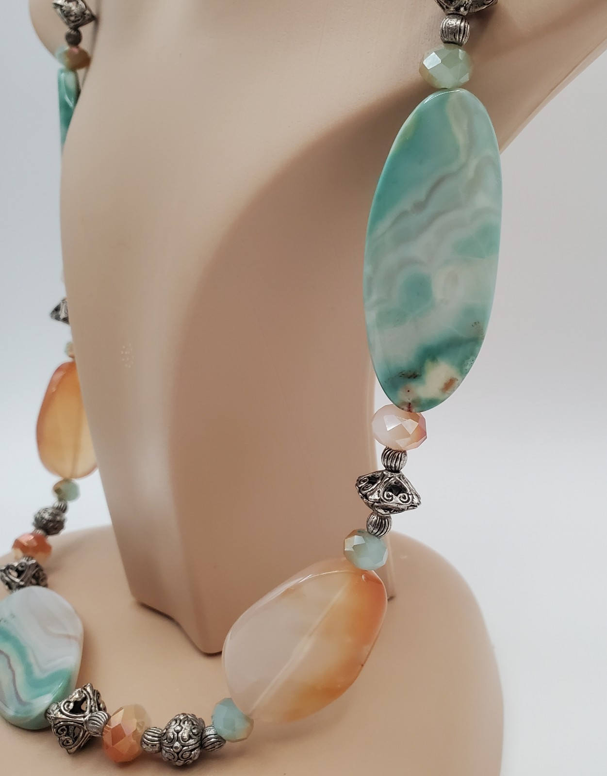 Banded Agate Stone Necklace 32in Peach Aqua Green Brown Polished Natural Beads