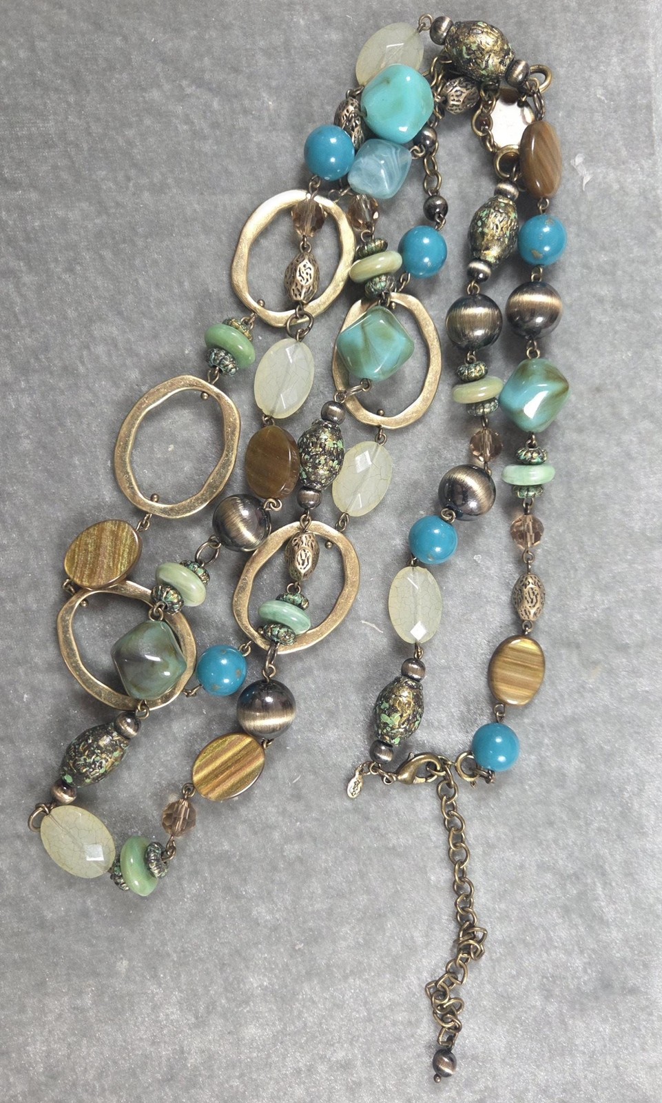 Chicos Vintage Double Strand Necklace Turquoise, Tigers Eye Hammered Gold Boho