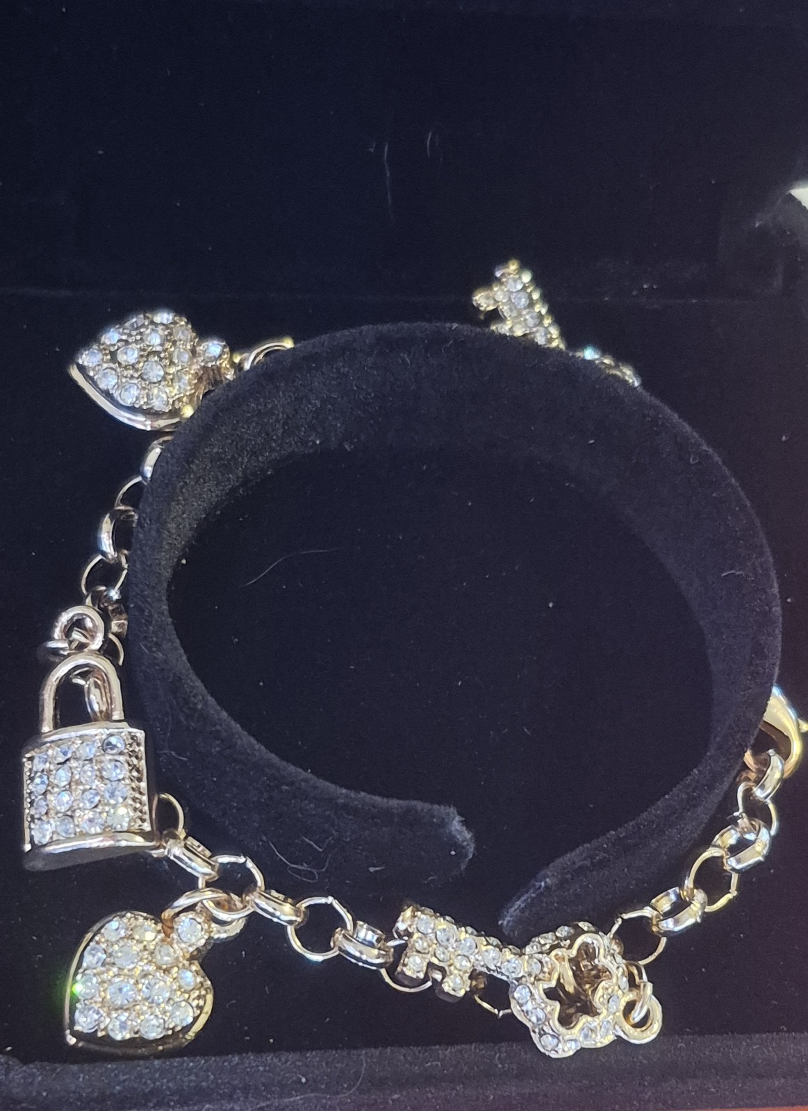 Fallon Jewelry Gold Tone Pave Rhinestone Lock Heart Key Charm Link Bracelet Vtg