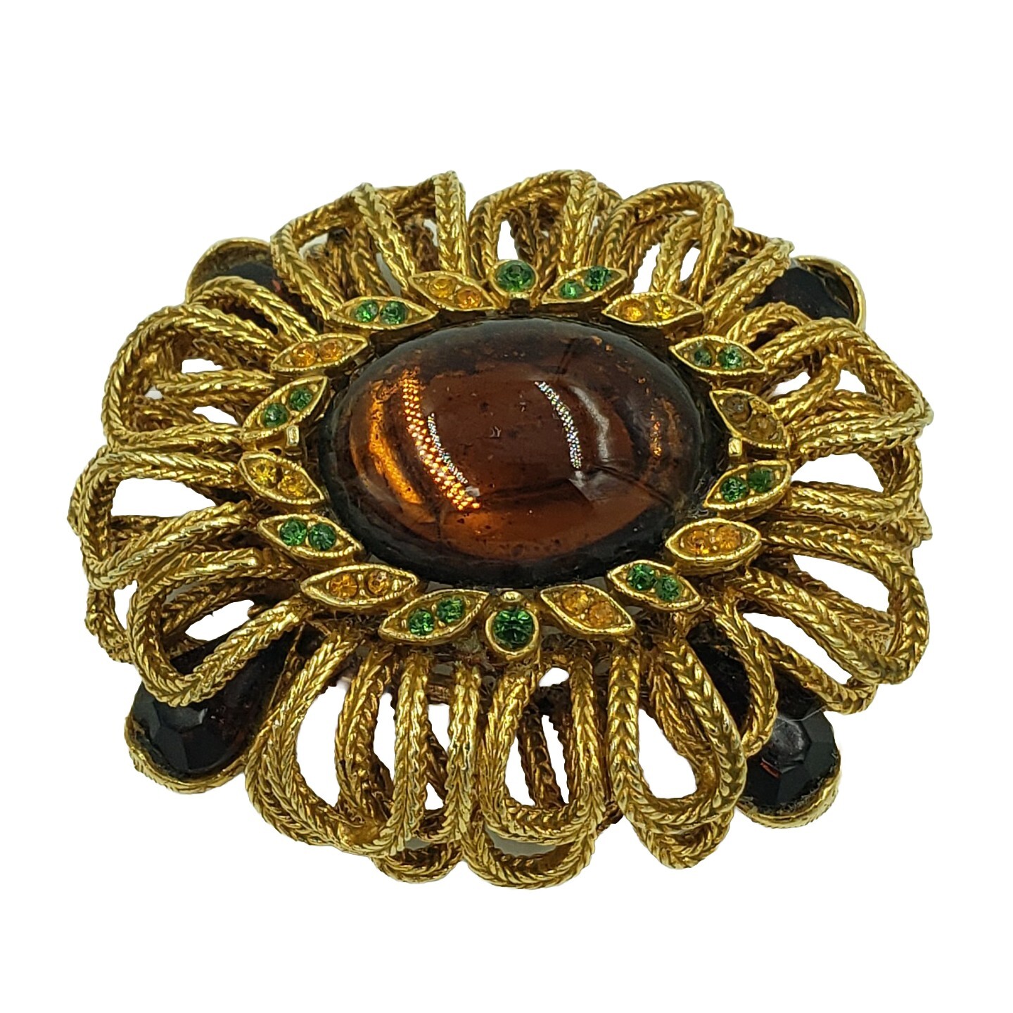 CAPRI Brooch Amber Cabochon Rhinestone Gold Tone Loop Signed Vintage