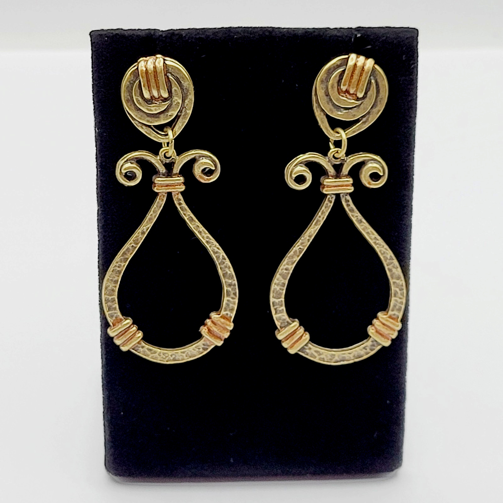 Modern Geometric Loop Hammered Look Ornate Stud Mix Metal Tone Pierced Earrings