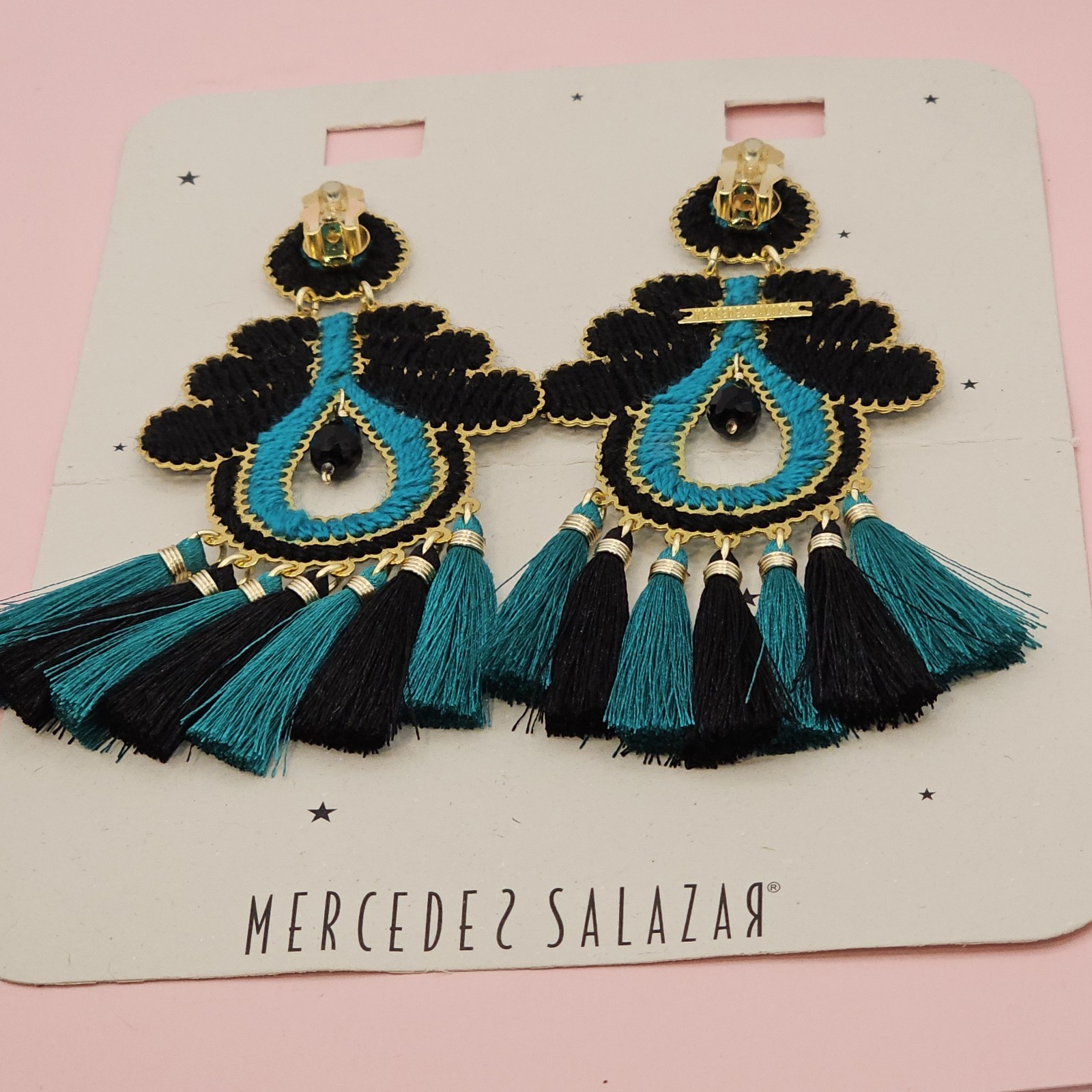 Mercedes Salazar Designer Signed Statement 5″ Vtg Earrings Blue Black Dangle…