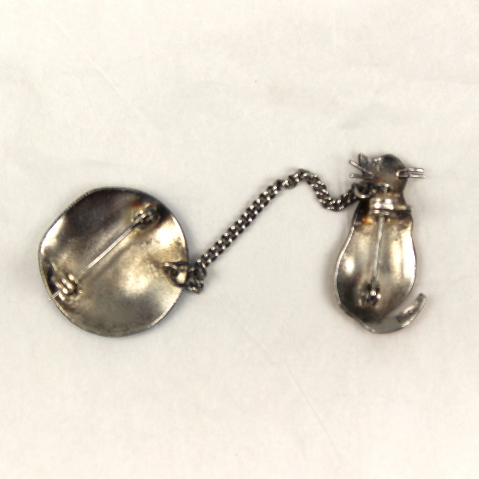 Vintage Zarah Cat Fish Bowl Brooch Chain Link Enamel Sterling Silver Pin NOS