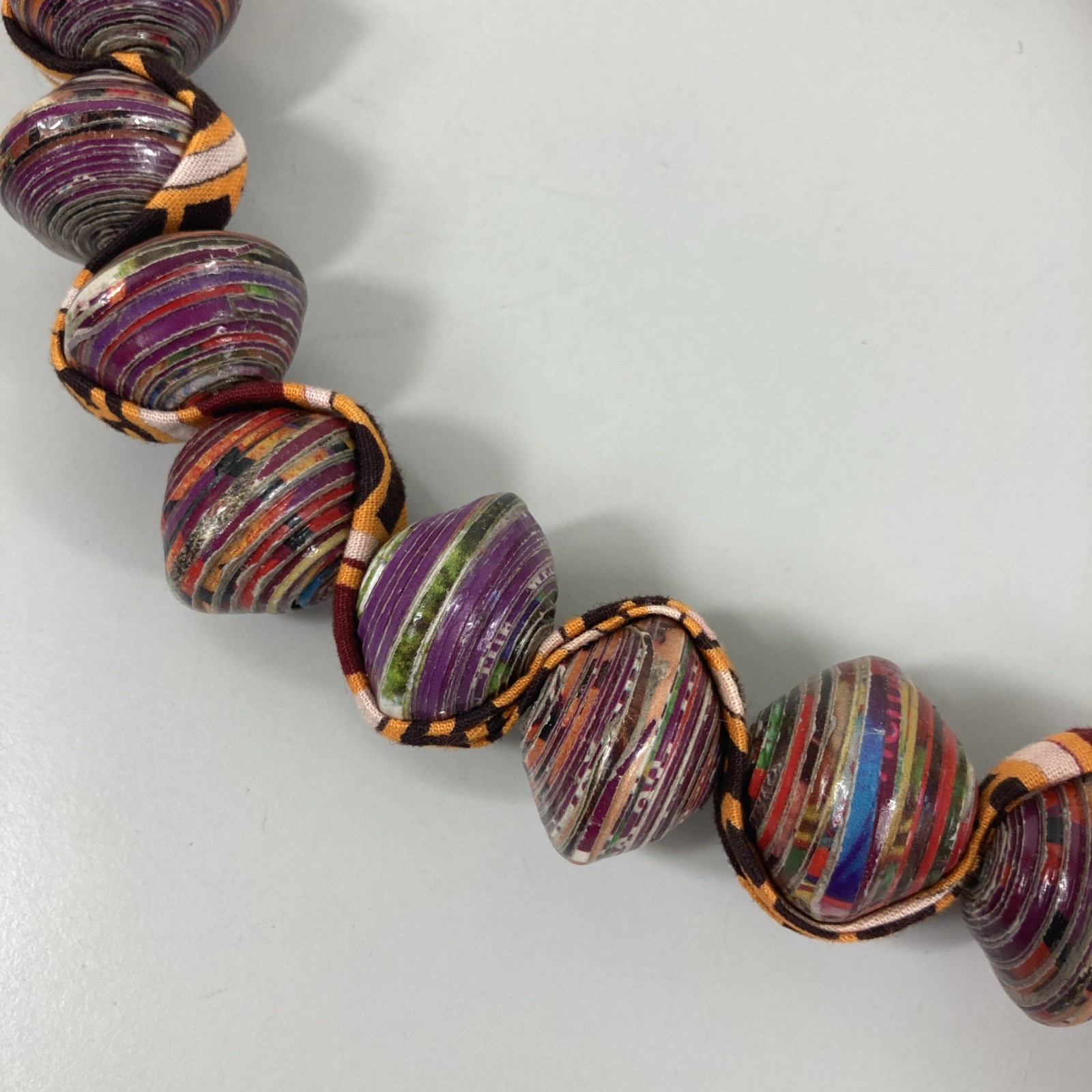 Artisan Rolled Paper Bead Necklace Fabric Chain Purple Orange Chunky Handmade
