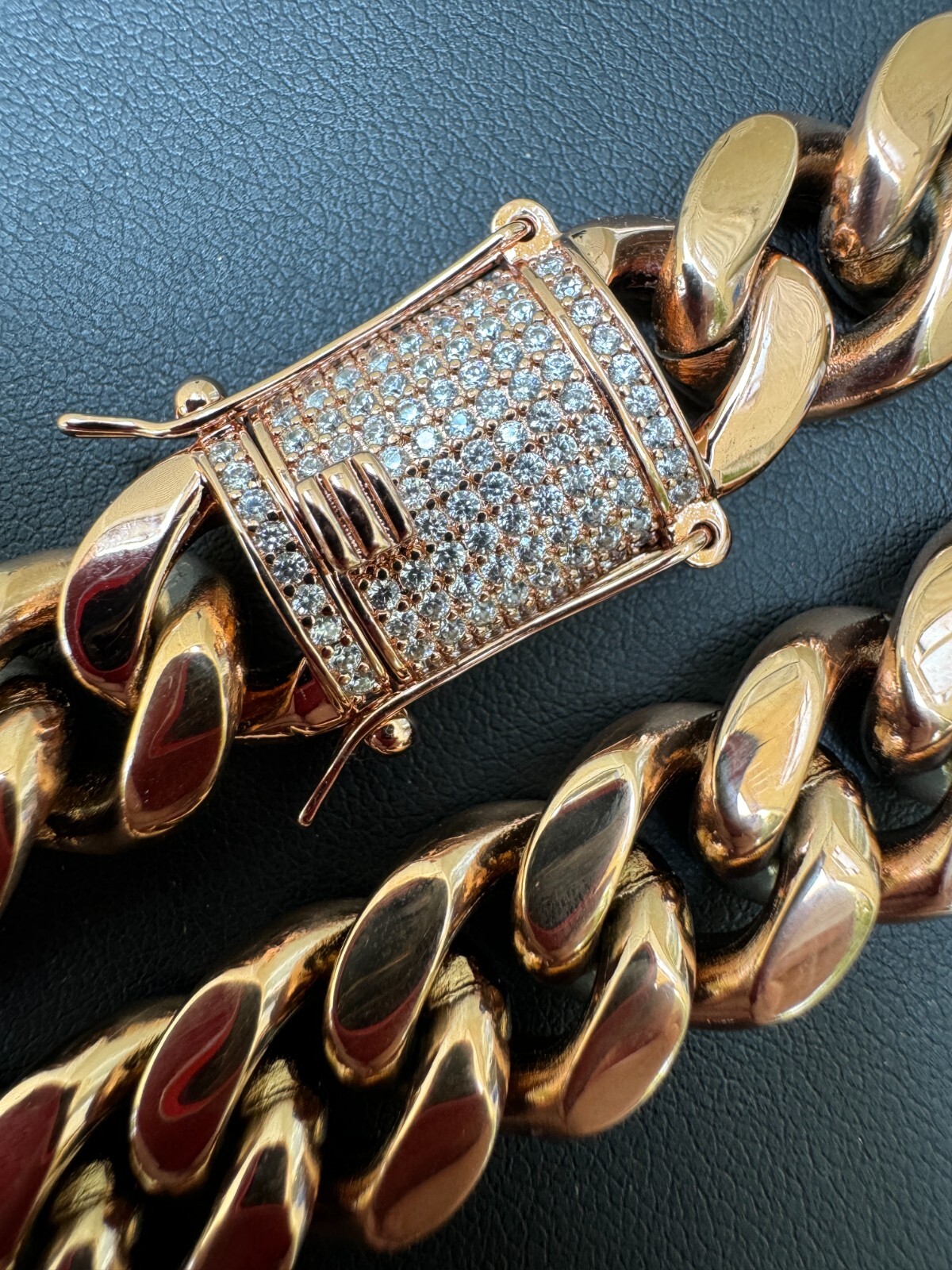 Miami Cuban Link Chain W. 1ct CZ Iced Clasp 14k Rose Gold Plated Stainless Steel
