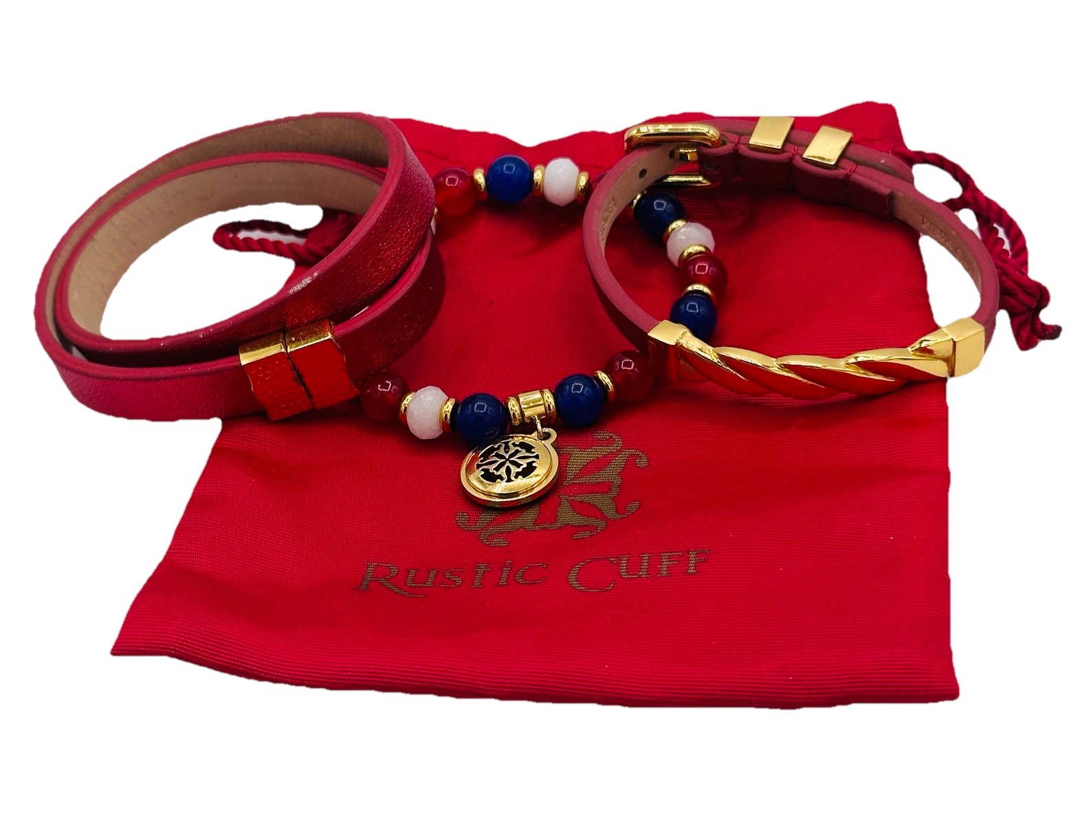 Rustic Cuff Patriotic Red White Blue 3-Piece Bracelet Stack with Pouch