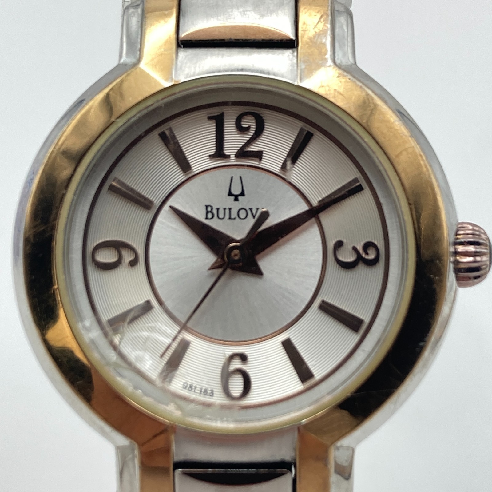 Bulova Women’s Watch Silver Rose Gold Tone FLAWED CRYSTAL 98L153 New Battery 7″
