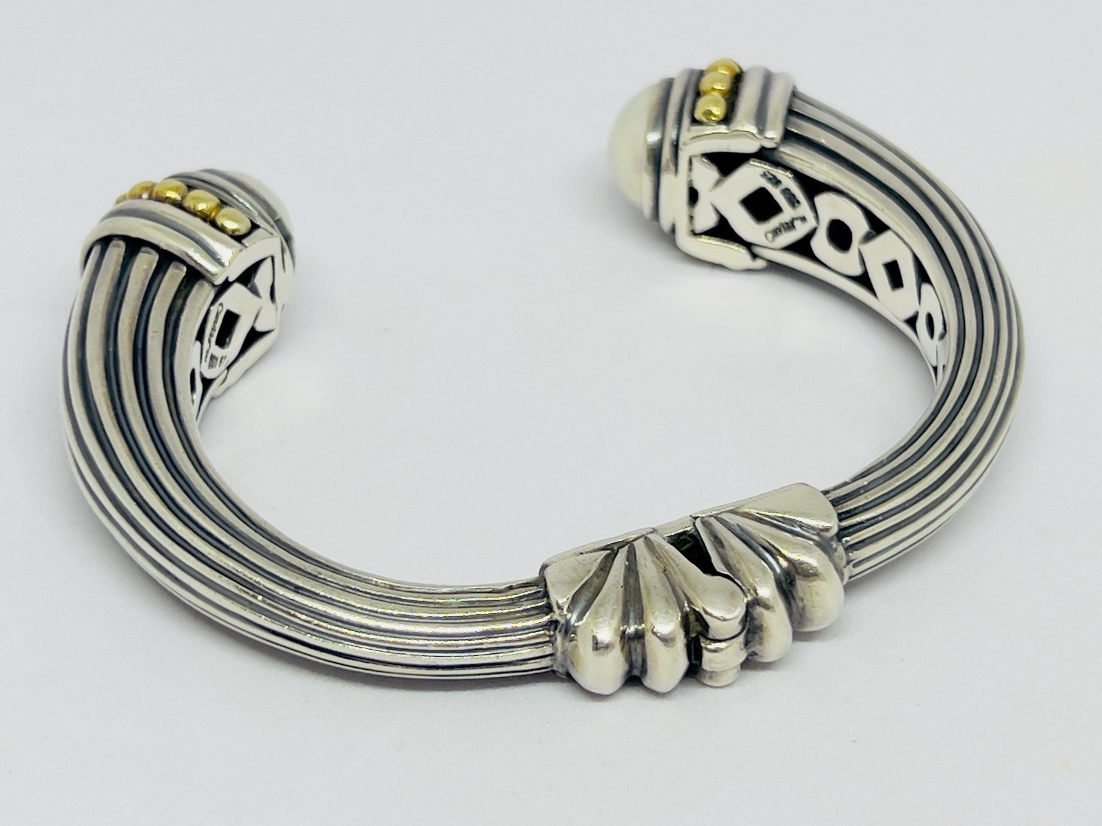 LAGOS Caviar Heavy 925/18k Yellow Gold Hinged Cuff Bracelet Mabe Pearls 64.7 g