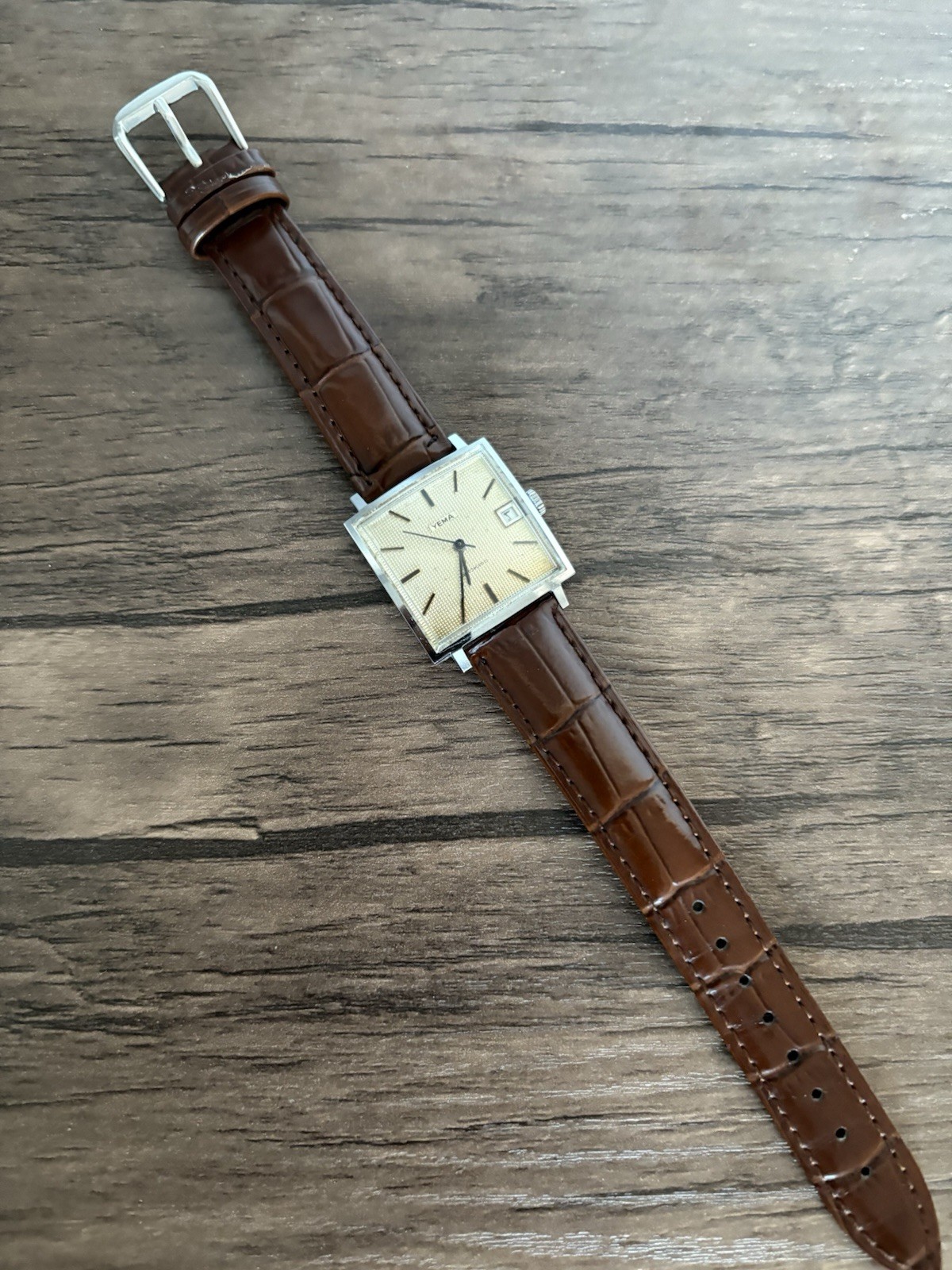 Vintage Yema Automatic Arabic Date Textured Dial Square 29mm Swiss