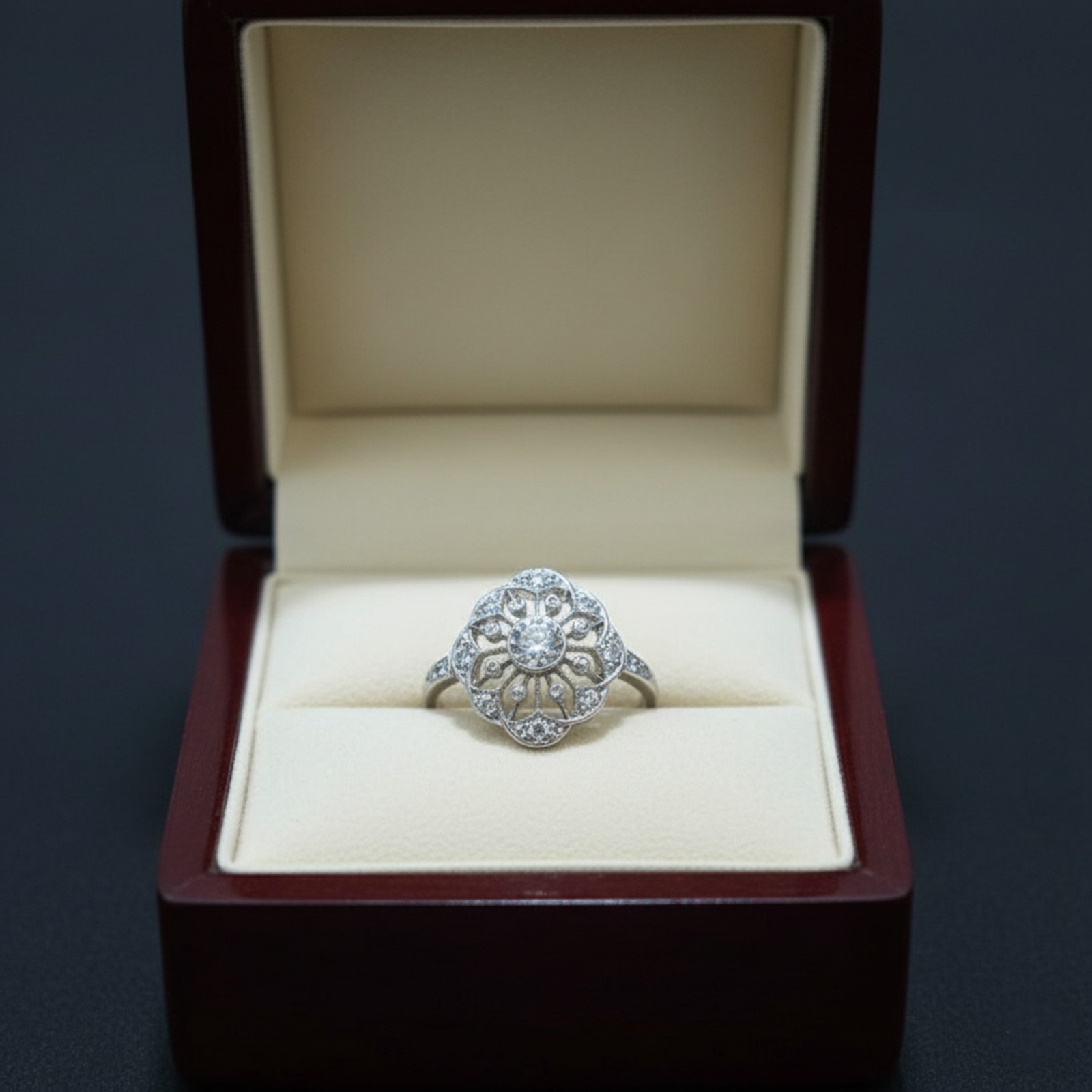 14K Gold Art Deco Old European Cut Lab Created Diamond Floral Motif Ring For Her