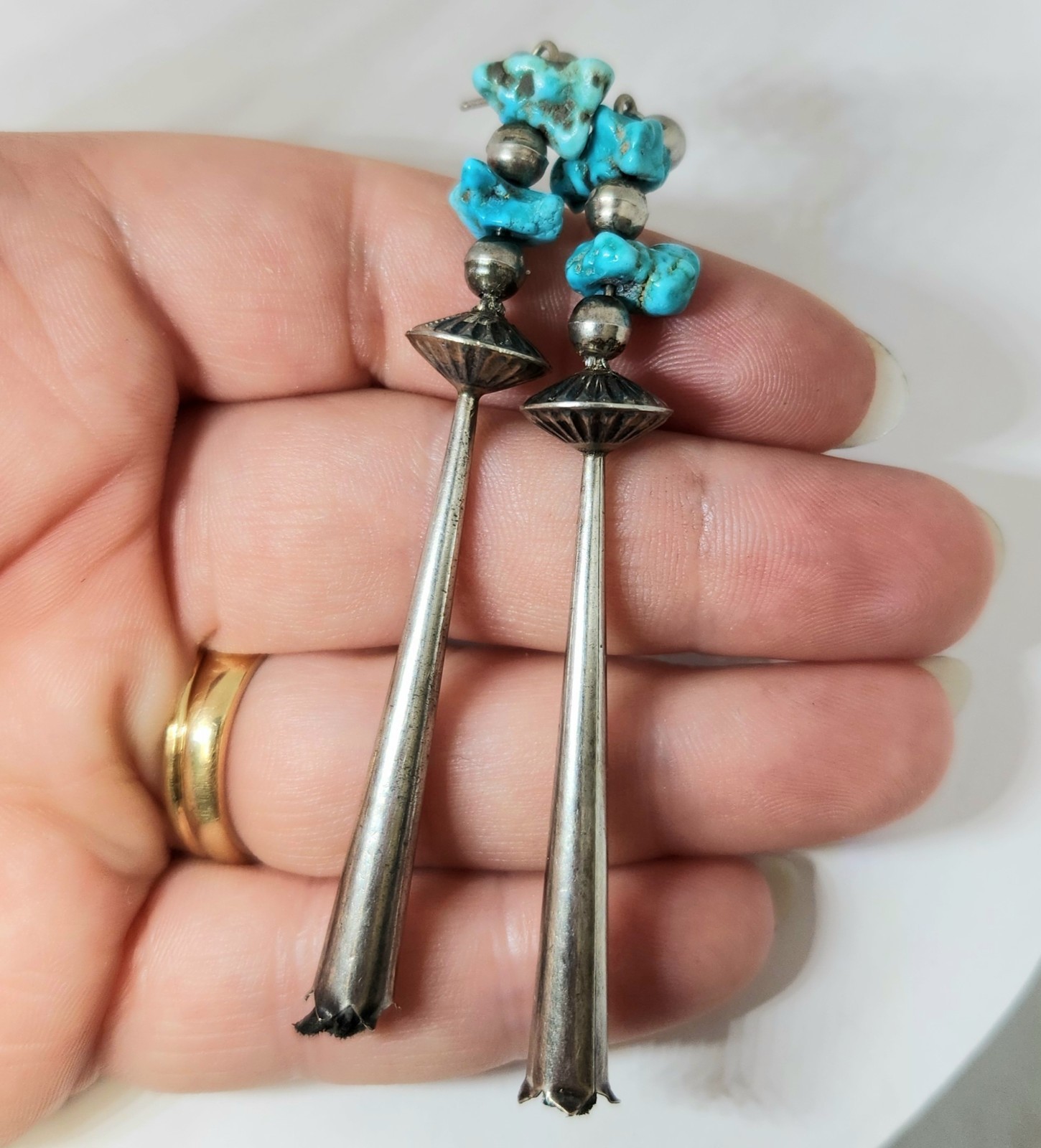 3.25″ Long! Old Pawn Vintage Sterling Silver Turquoise Squash Blossom Earrings