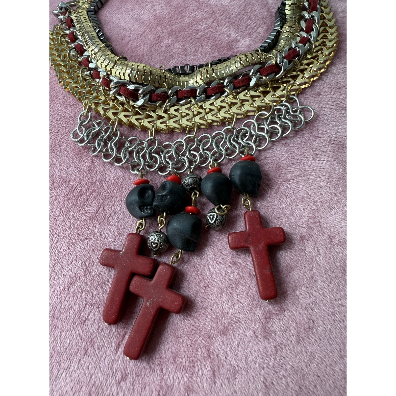 Topshop Silver Gold Black Skulls Cross Stacked Chain Choker Statement Necklace