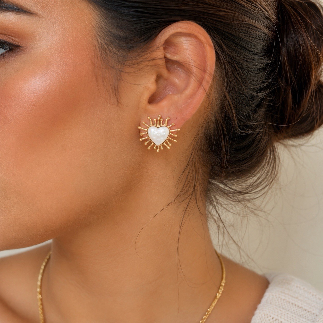 Gold Heart Stud Earrings, Mother of Pearl Heart Earrings, Sunburst Earrings