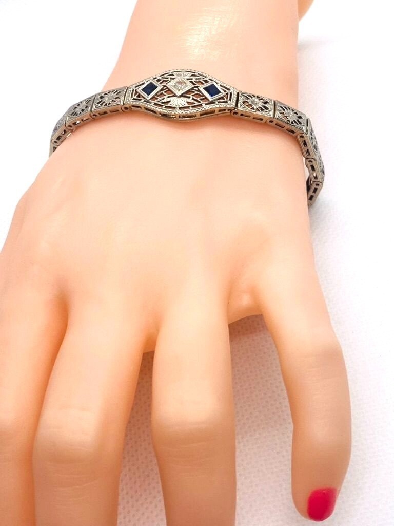 14K White Gold Die Struck Art Deco Diamond and Lab Created Sapphire Bracelet 6.5