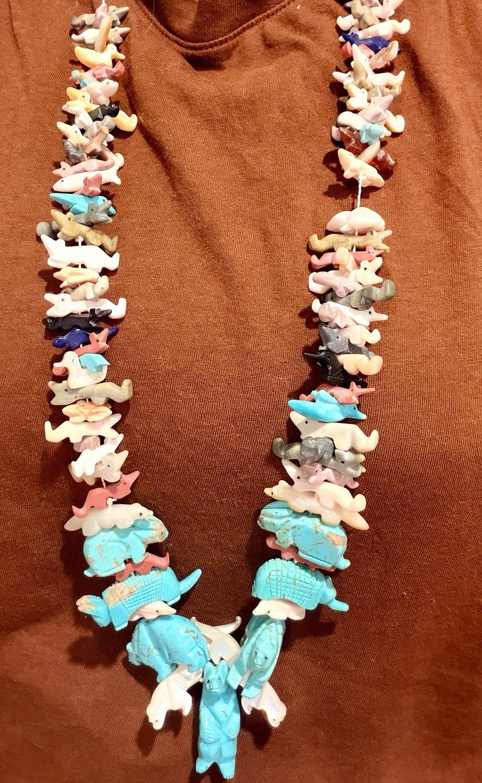 Native American Fetish Necklace Big Turquoise Carved Animals Bear Bunny Birds
