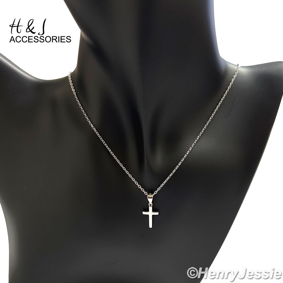 16″+2″WOMEN 925 STERLING SILVER SMALL PLAIN CROSS PENDANT CHAIN NECKLACE*AWN15