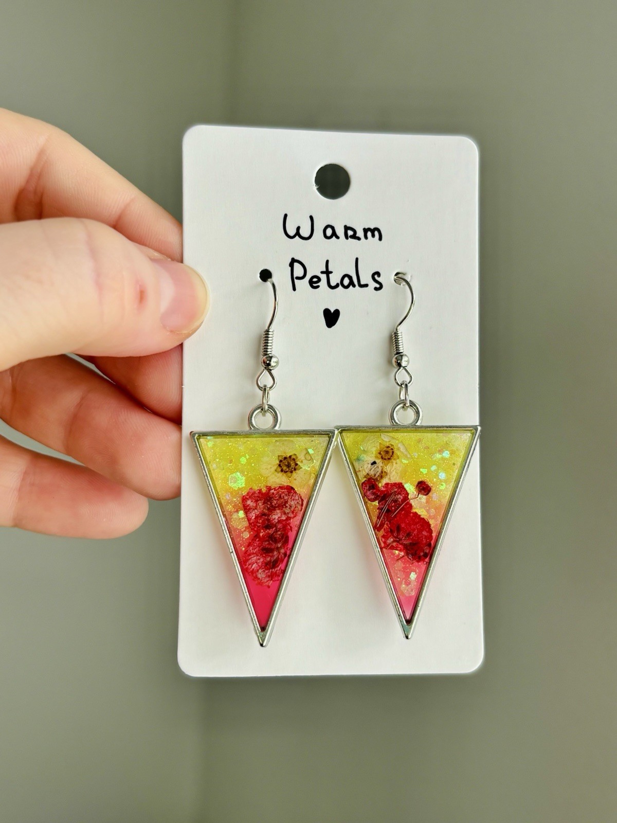 Warm Petals Resin Triangle Earrings Handmade Real Dried Flower Botanical