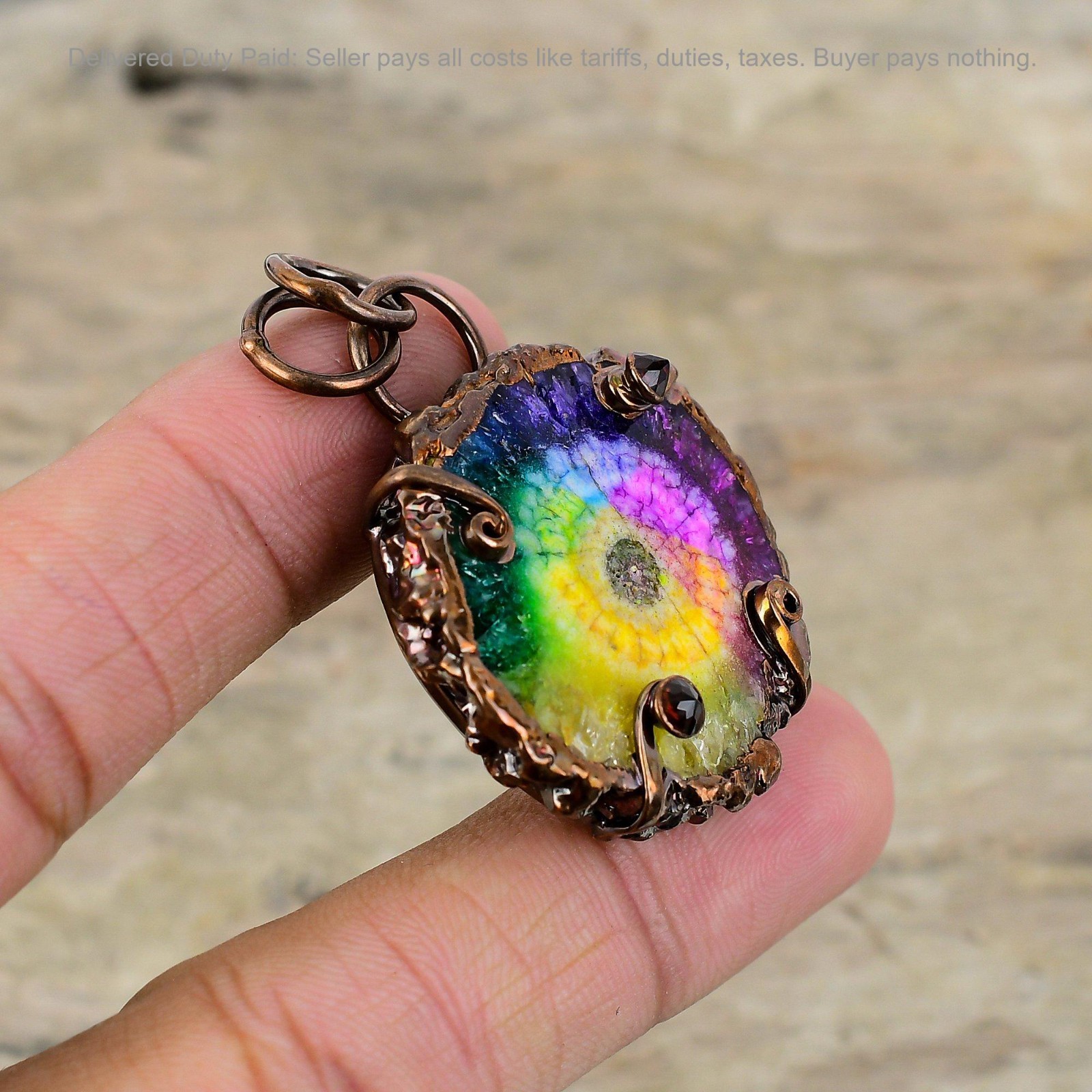 Copper Round Rainbow Solar Quartz Druzy Gemstone Electroformed Pendant Jewelry