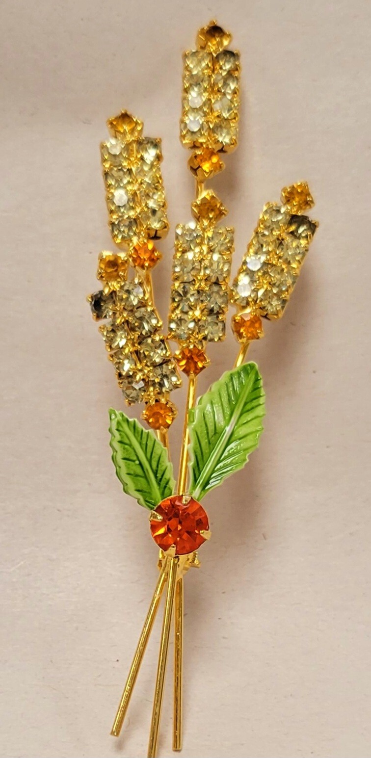 VTG Brooch Cattails Reed Beautiful Red, Orange & Rhinstones w/ simulated Diamo