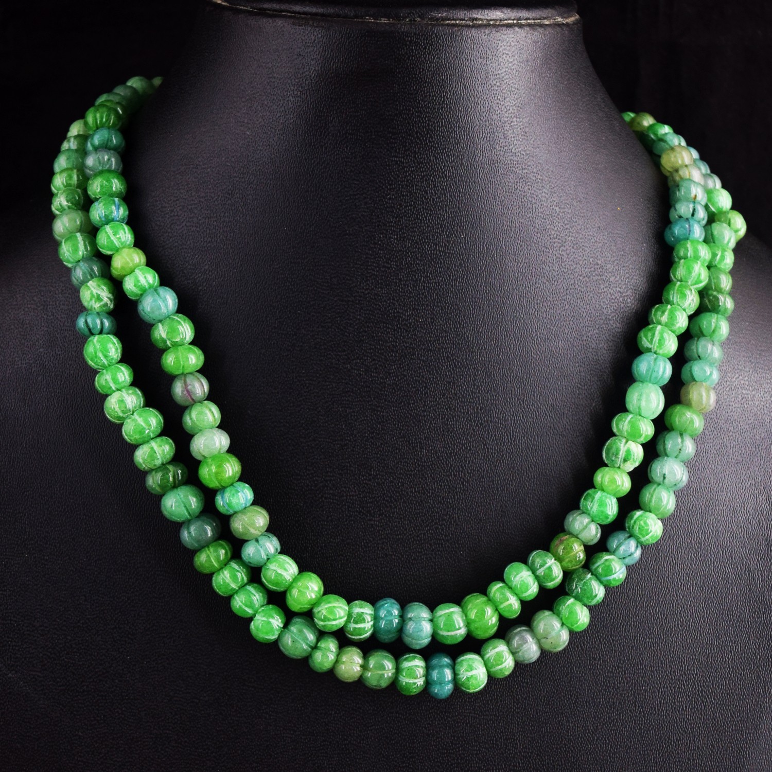 2 Strand Womens Emerald Flower Carved 459.00 Cts Necklace Jewelery RK 42 E780
