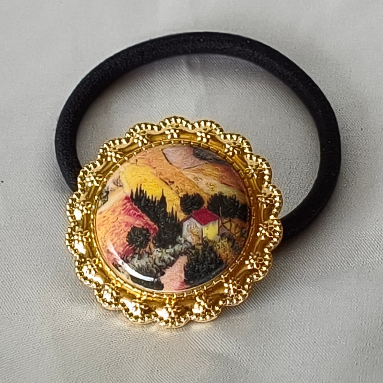 3Pc Vintage Ceramic Hair Ties Set Retro Gold Frame Elastic Ponytail Holder Women