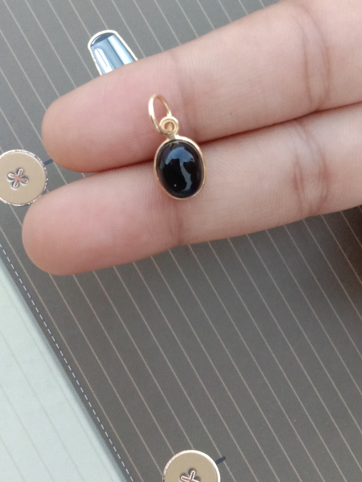 Natural Black Onyx Charm Necklace, 18k Yellow Gold Pendant , Handmade Jewelry