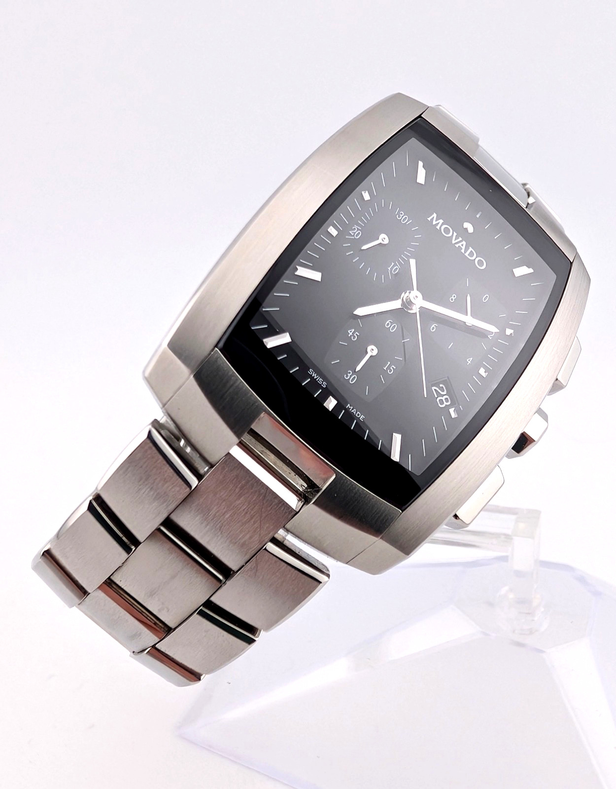 Movado Mens Eliro Chronograph SS W/Tonneau Barrel/Blk Dial #84.H1.1450~Exquisite