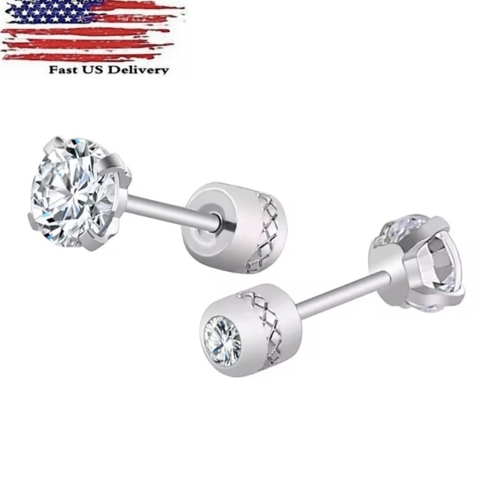 PAIR Silver Prong Set Black CZ Stud Earrings Screw Back Surgical Steel Gift A28