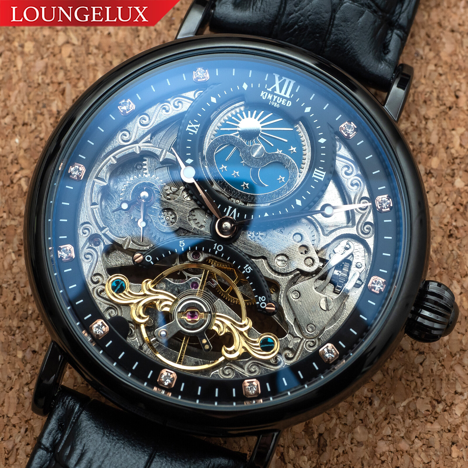 Mens Dual Time Flywheel Skeleton Automatic Mechanical Watch Black Leather Band