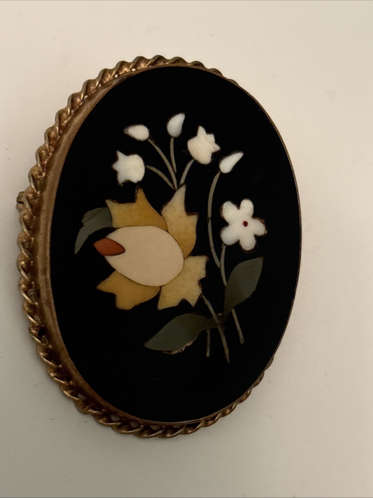 Vintage Gold Tone Floral Inlay Pietra Dura Brooch G2U