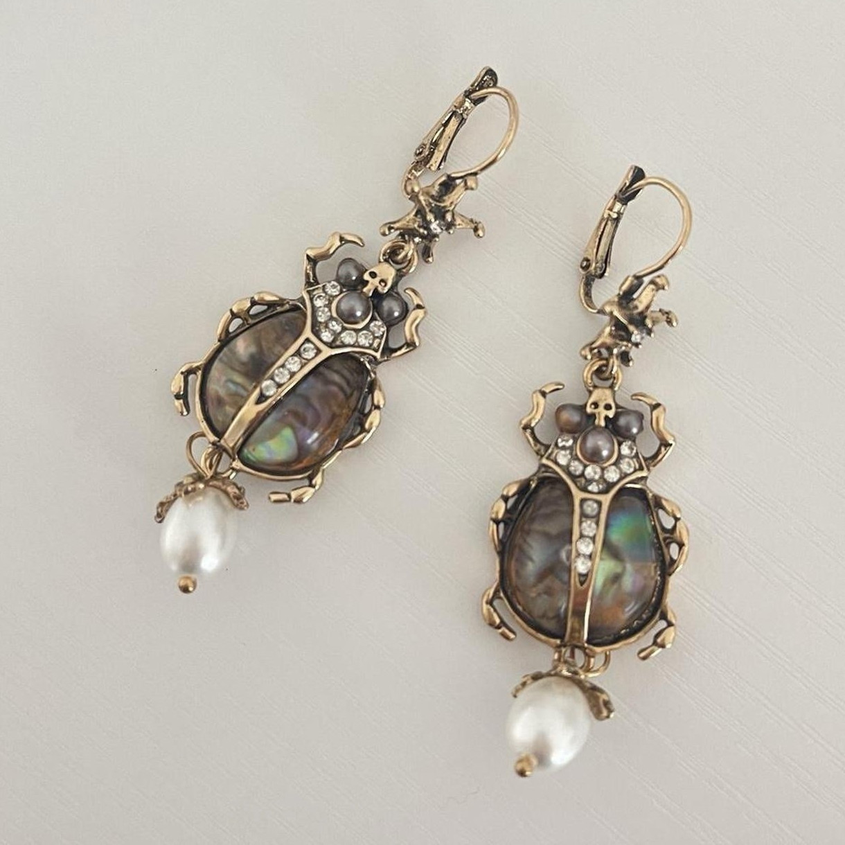 Gold Tone Beetle Dangle Earrings Mother of Pearl/Abalone Shell Pearl Crystal