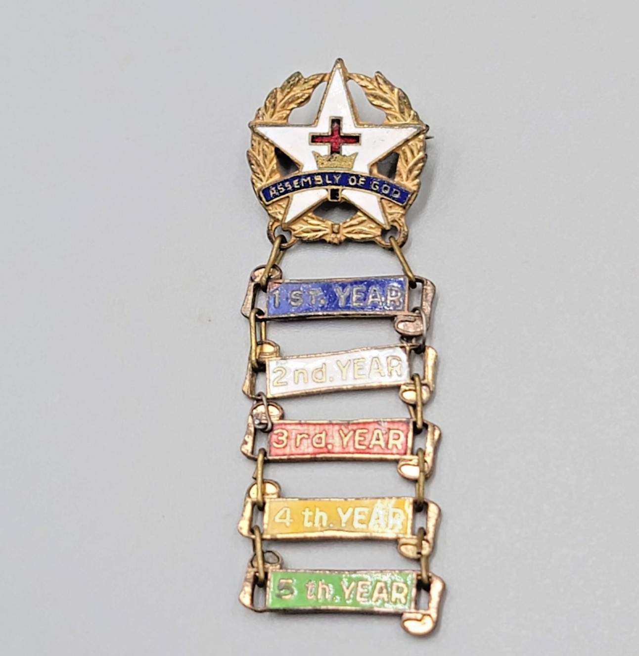 Vintage Assembly Of God 5 Years Enamel Dangle Pin Badge 5