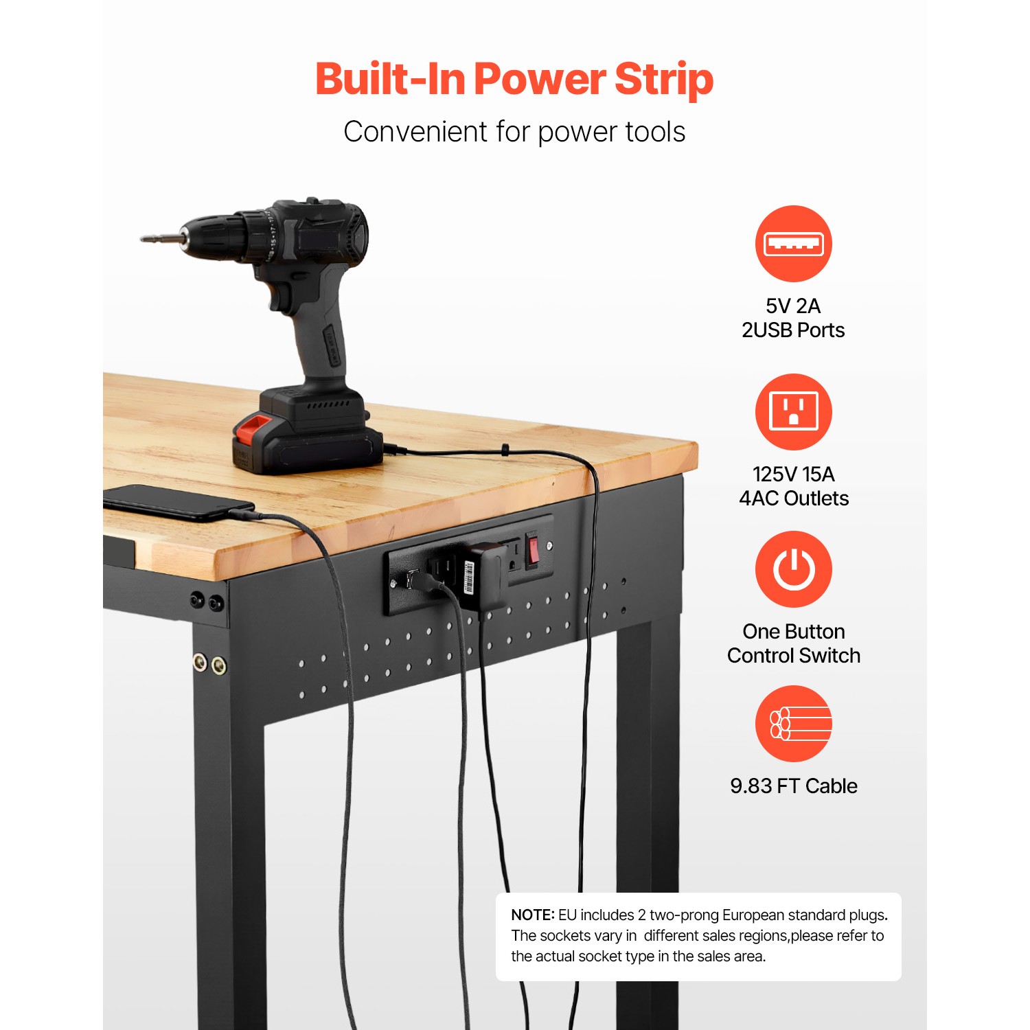 Uimoso 48″ Mobile Workbench with Adjustable Height, Power Outlet & Pegboard