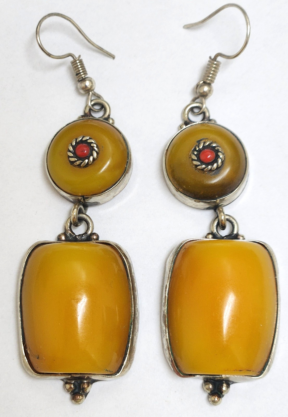 Tibetan Amber Resin Earrings/Large Pendant set in Silver, Carved Turquoise Beads