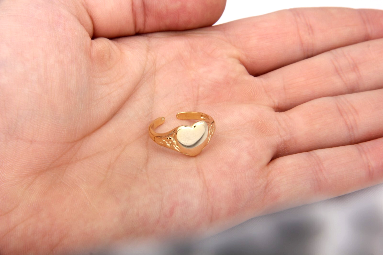 17mm 24k Shiny Gold Plated Heart Ring, Stamping Ring, Adjustable