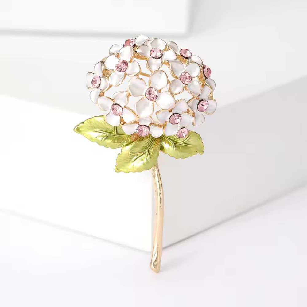 Enamel Hydrangea Flower Bouquet Brooch Crystal Floral Pin Gold Statement Jewelry