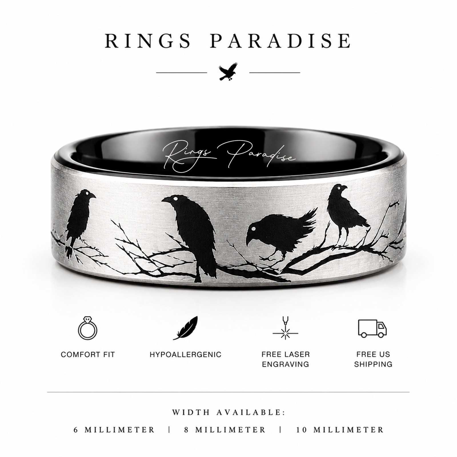 Raven Ring | Black Tungsten Wedding Band With Tree Branch Engraving