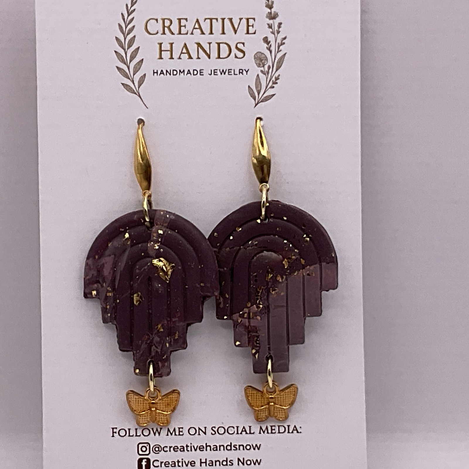 Handmade Burgundy Art Deco Arch Butterfly Earrings Gold Flake Statement Jewelry