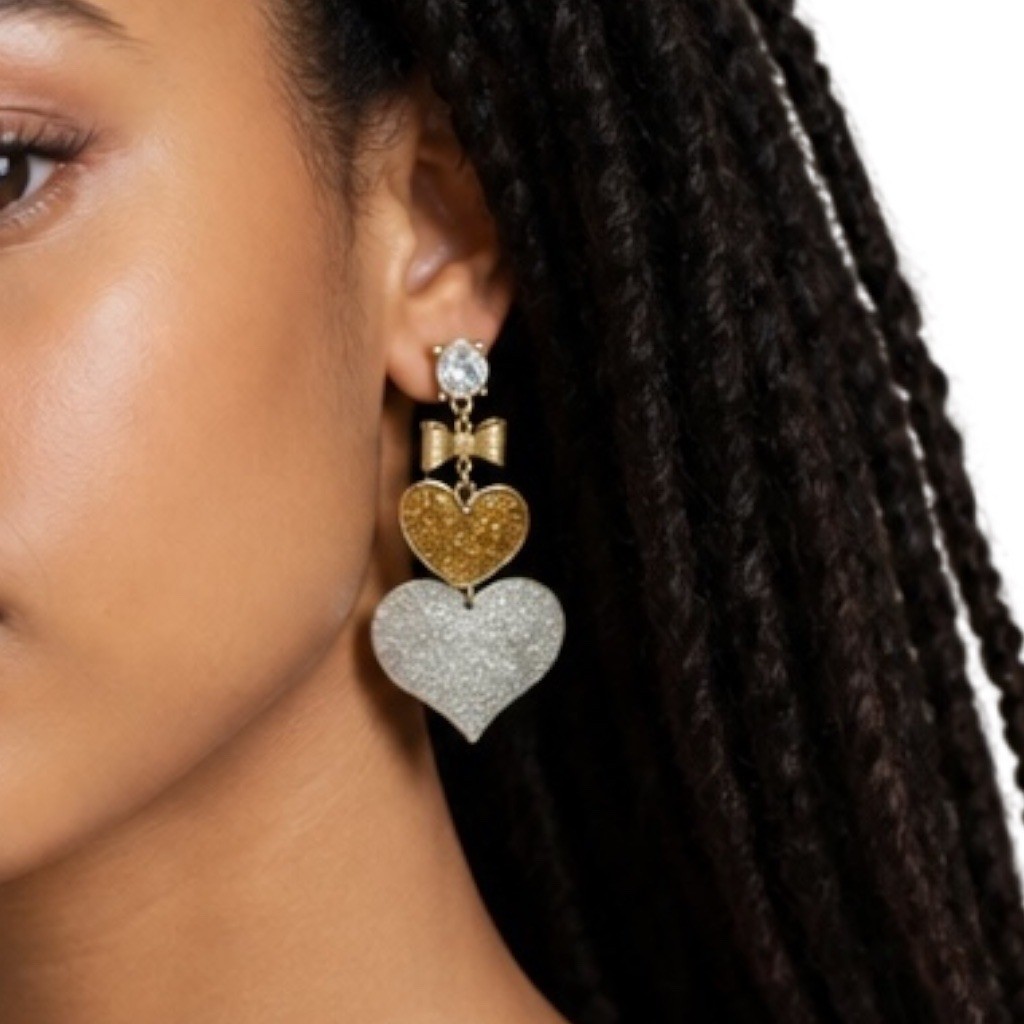 Gold and Silver Glitter Heart Bow Tiered Statement Drop Earrings Post Back