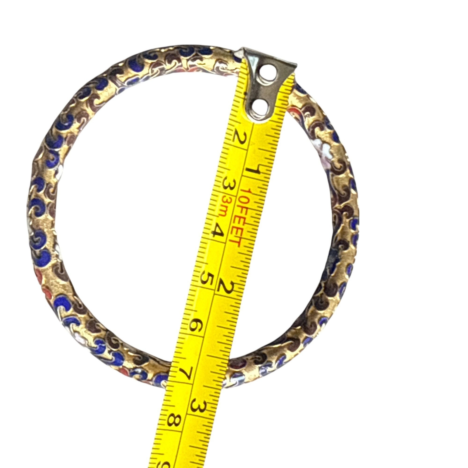 Vintage Cloisonné Enamel Bangle Bracelet Gold-Tone With Blue & Red Swirl Pattern
