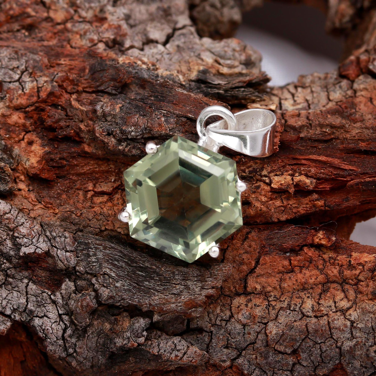 Natural Green Amethyst Hexagon Pendant 925 Sterling Silver Jewelry Gift For Her