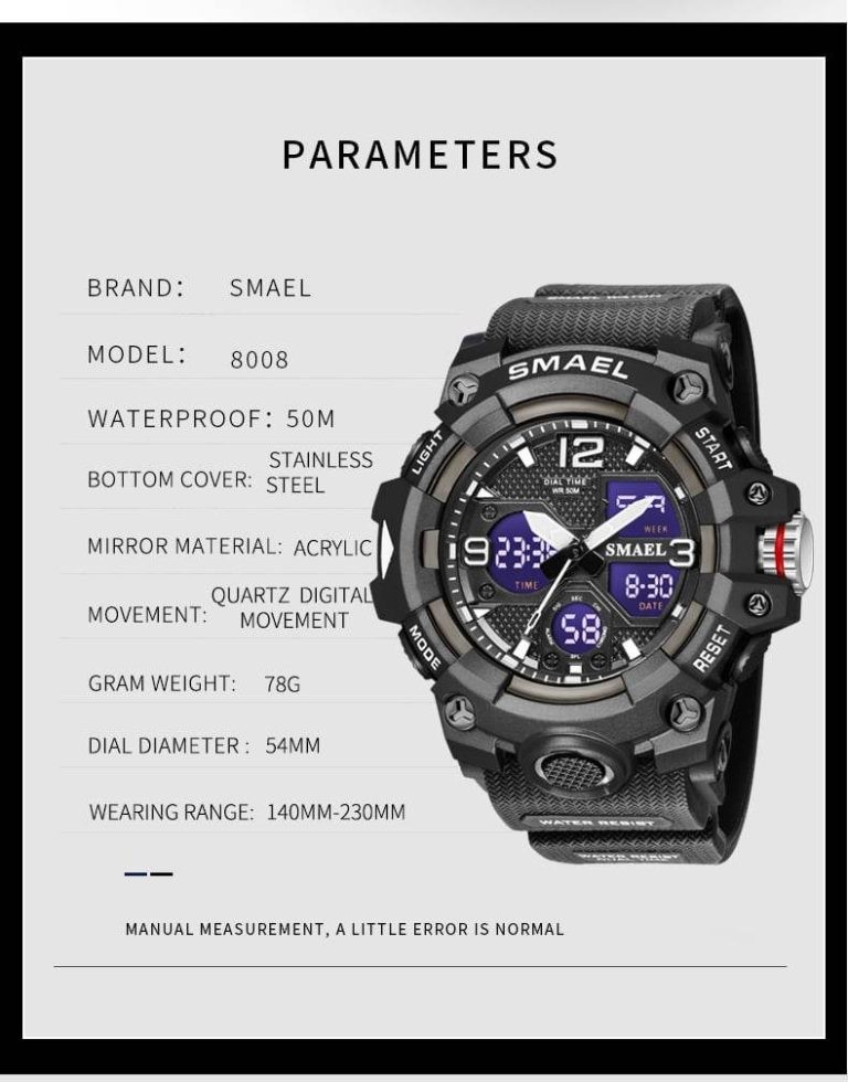 SMAEL Men’s Digital Analog Sport Watch 50M Waterproof LED Military Quartz Black