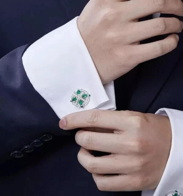 1Ct Round Cut Lab Created Emerald Wedding Men’s Cufflinks 14k White Gold Plated
