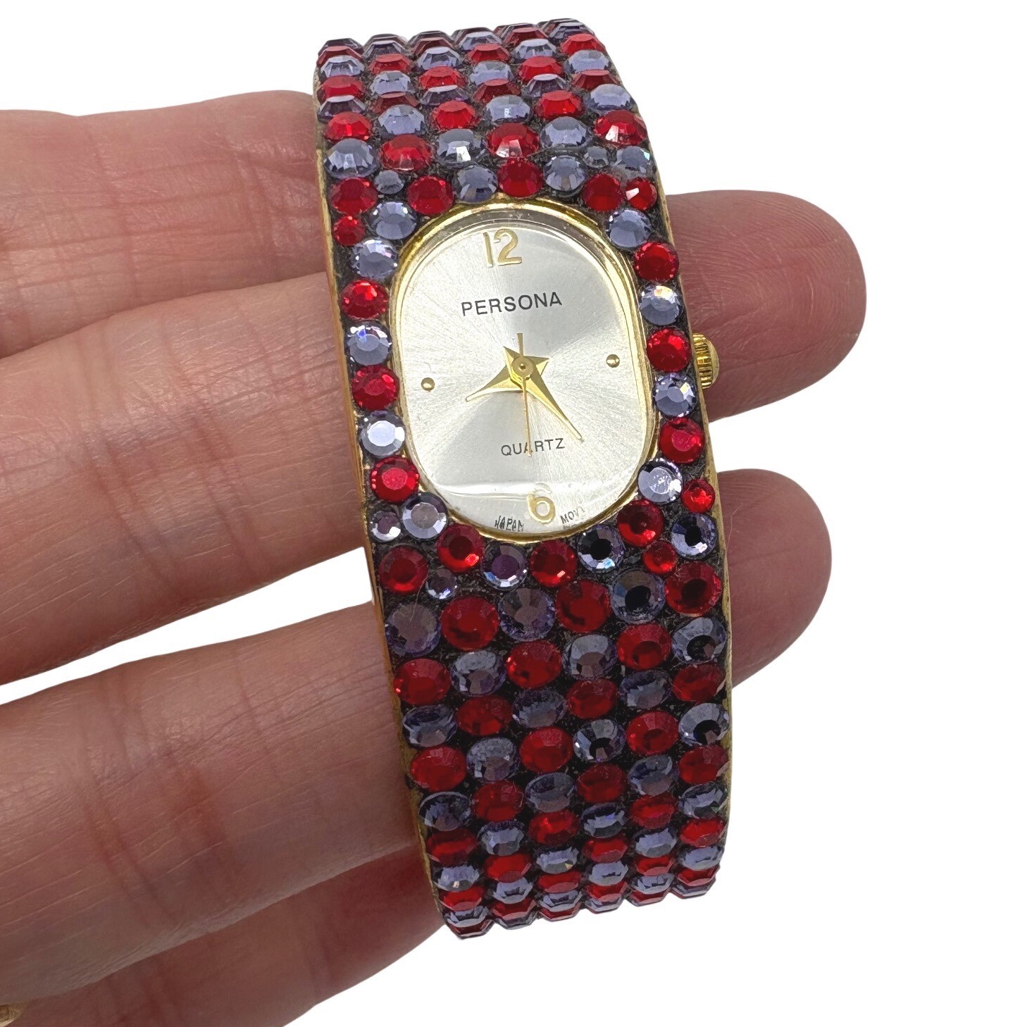 Persona Rhinestone Cuff Watch Gold Tone Red Purple Hinged Bangle Quartz Untested