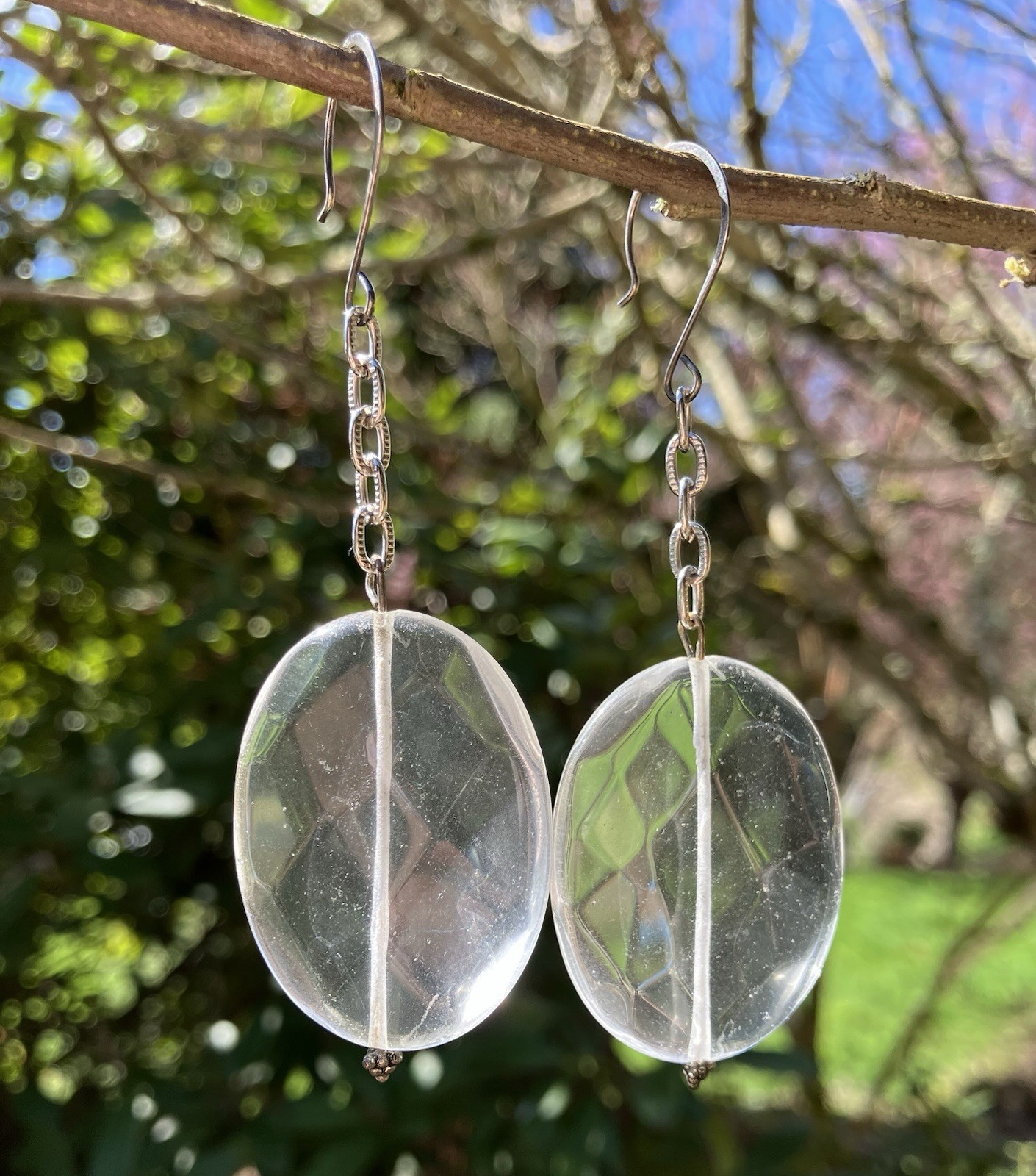 Round Faceted Clear Quartz Dangle Earrings, Artisan made, 3.5 inches long