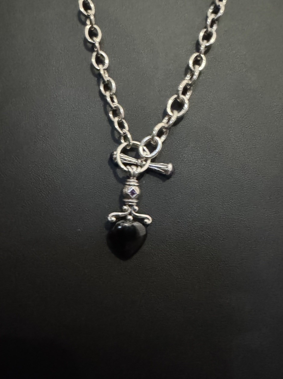 Ross Simons 925 Sterling Silver Black Onyx Heart Amethyst Necklace 18.5in, 30.5g